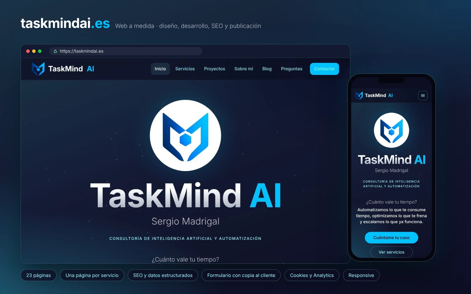 taskmindai.es: diseño propio, una página por servicio y adaptada a móvil